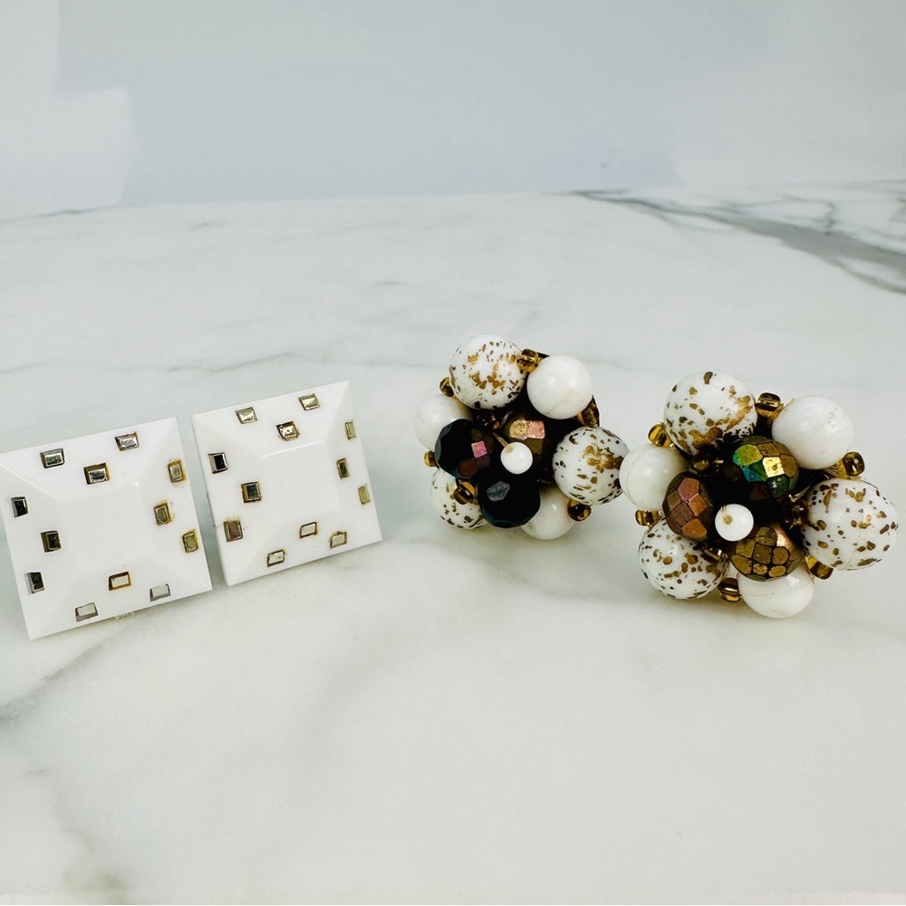 Vintage West Germany Clip On Earrings 2 Pair Beaded Cluster Geometric White